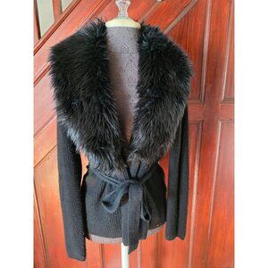 Guess Black Wool Blend Wrap Sweater Faux Fur Collar & Belted Waist Medium
